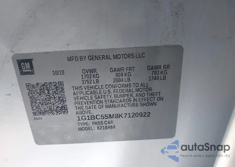 2019 Chevrolet Cruze Ls z USA, uszkodzony, nr VIN 1G1BC5SM8K7120922